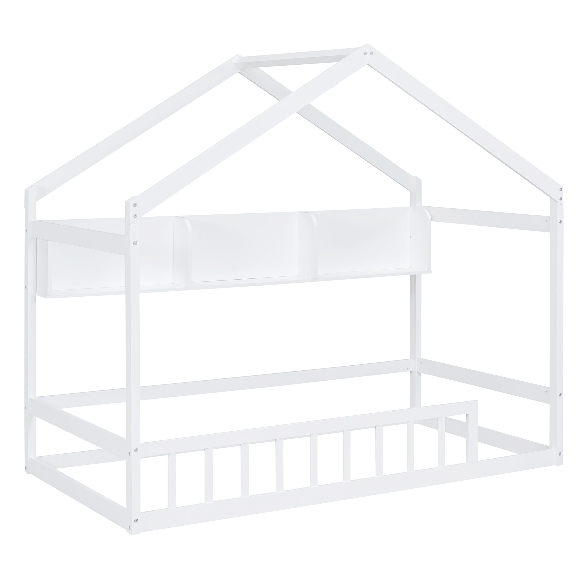 Wooden Twin Size House Bed with Storage Shelf,Kids Bed with Fence and Roof, White - Atlantic Fine Furniture Melbourne FL