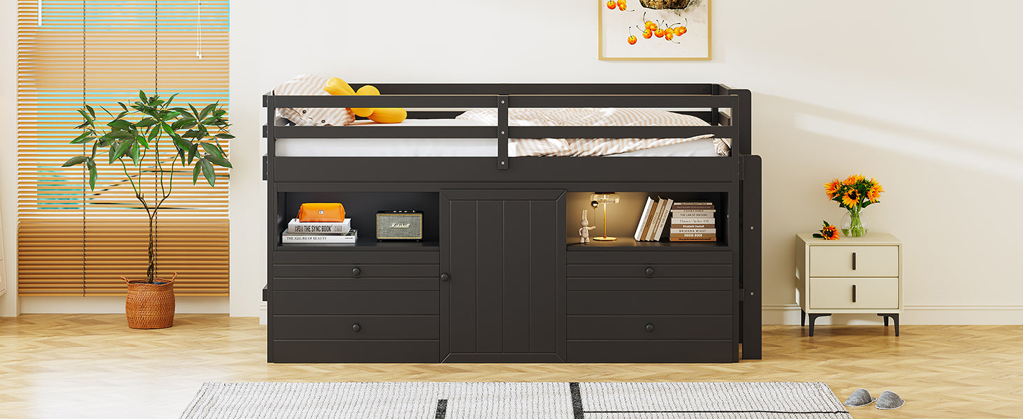 Twin Size Loft Bed with 4 Drawers, Underneath Cabinet and Shelves, Espresso - Atlantic Fine Furniture Melbourne FL