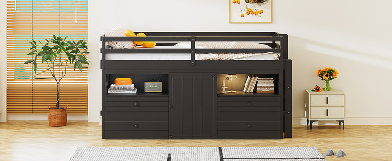 Twin Size Loft Bed with 4 Drawers, Underneath Cabinet and Shelves, Espresso