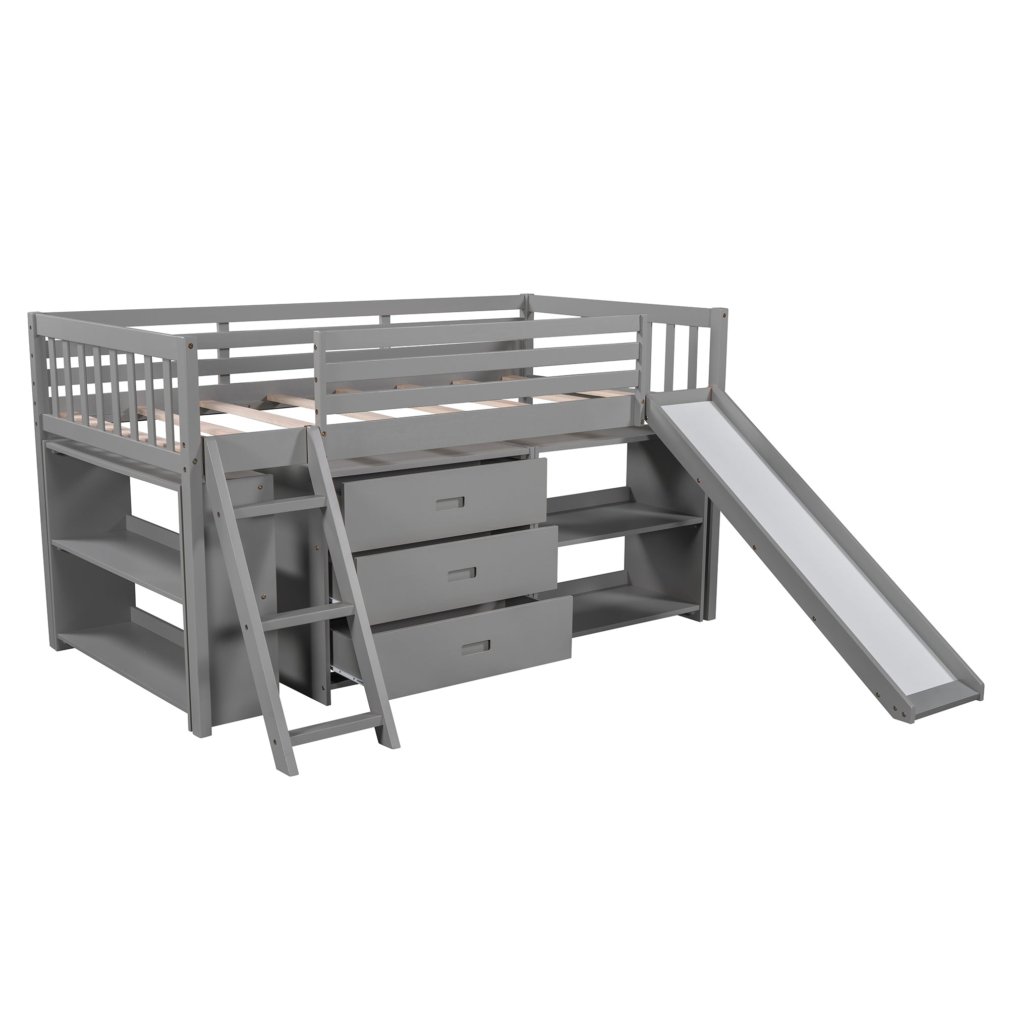 Low Loft Bed with Attached Bookcases and Separate 3-tier Drawers,Convertible Ladder and Slide,Twin,Gray - Atlantic Fine Furniture Melbourne FL