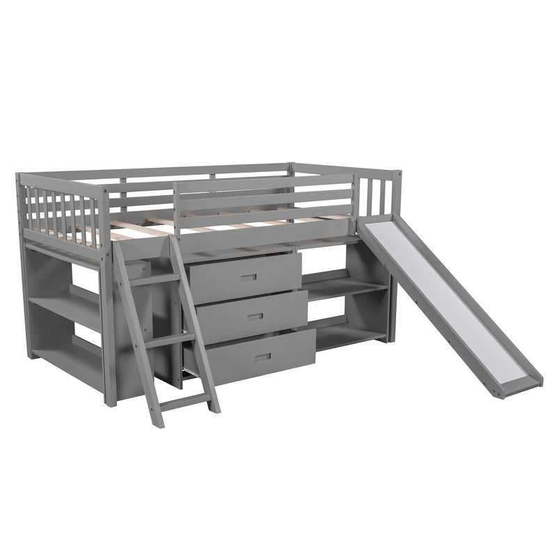 Low Loft Bed with Attached Bookcases and Separate 3-tier Drawers,Convertible Ladder and Slide,Twin,Gray