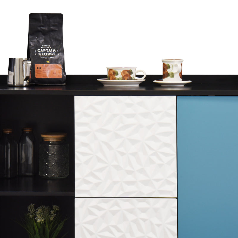 Modern Sideboard Buffet Cabinet With Red Doors And Unique Panel Styling