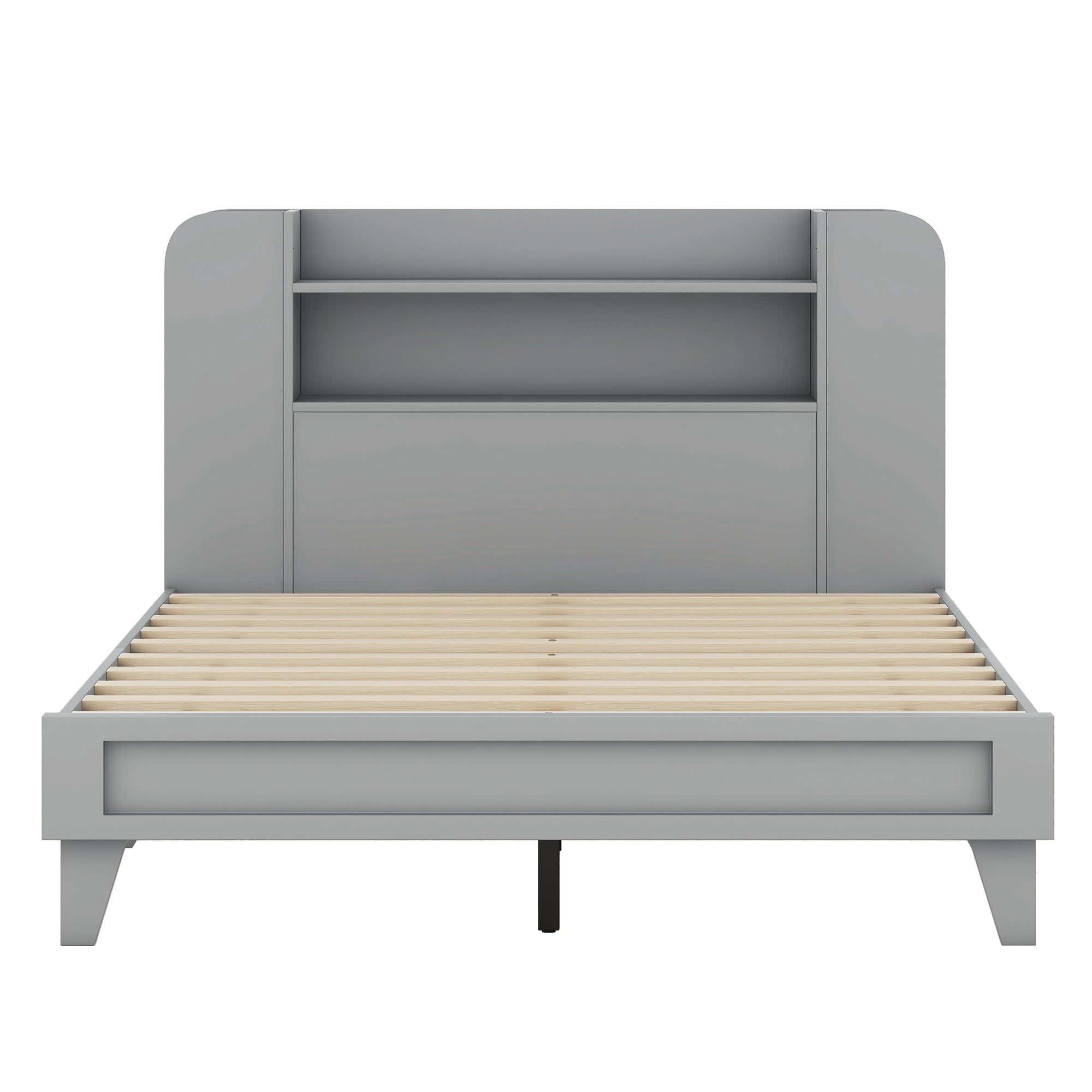 Full Size Platform Bed with Storage Headboard,Multiple Storage Shelves on Both Sides,Grey - Atlantic Fine Furniture Melbourne FL