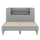 Full Size Platform Bed with Storage Headboard,Multiple Storage Shelves on Both Sides,Grey