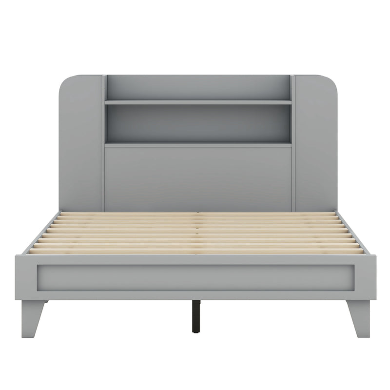 Full Size Platform Bed with Storage Headboard,Multiple Storage Shelves on Both Sides,Grey