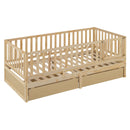 Daybed With Fence Guardrails And 2 Drawers, Split Into Independent Floor Bed & Daybed