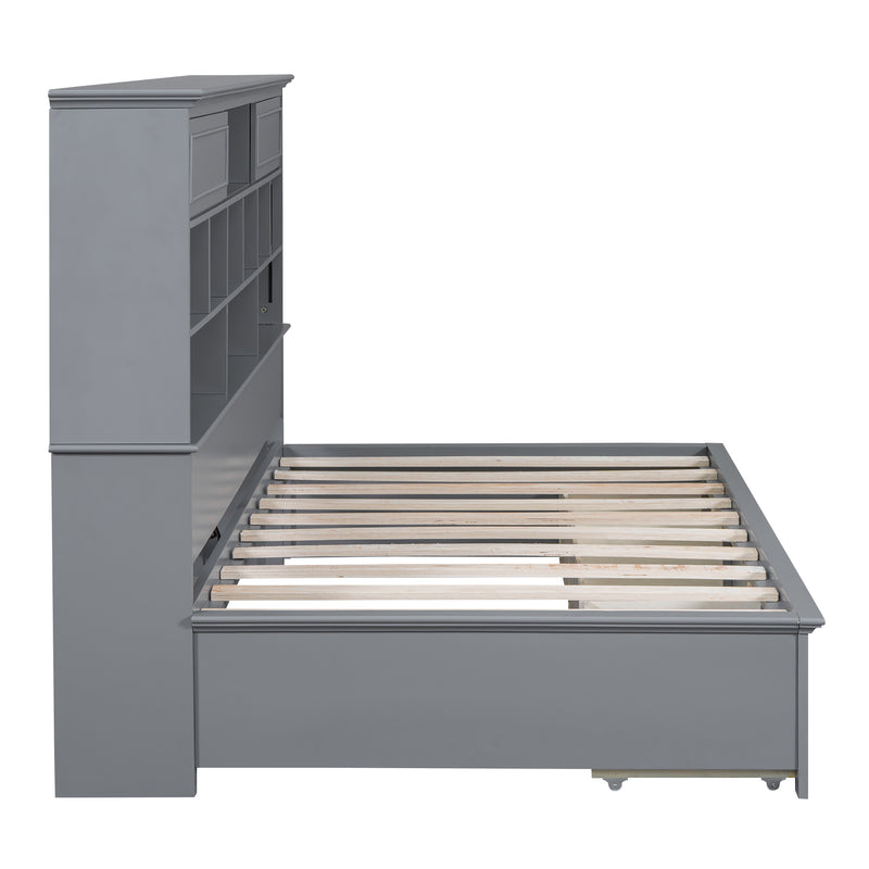 Twin Size Wood Daybed with Multi-Storage Shelves, Charging Station and 3 Drawers, Gray