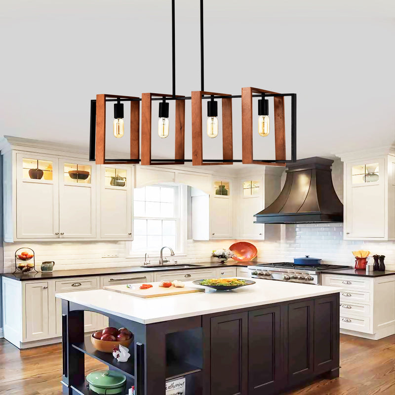 4 Light Kitchen Island Lights Pendant Light Farmhouse Dining Room Light Fixture, Rectangular Chandelier, 36" Hanging Lighting For Living Room, Conference Room, Home Office - Matte Black