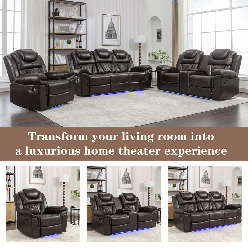 Home Theater Seating Manual Recliner Loveseat With Hide-Away Storage, Cup Holders And Led Light Strip For Living Room