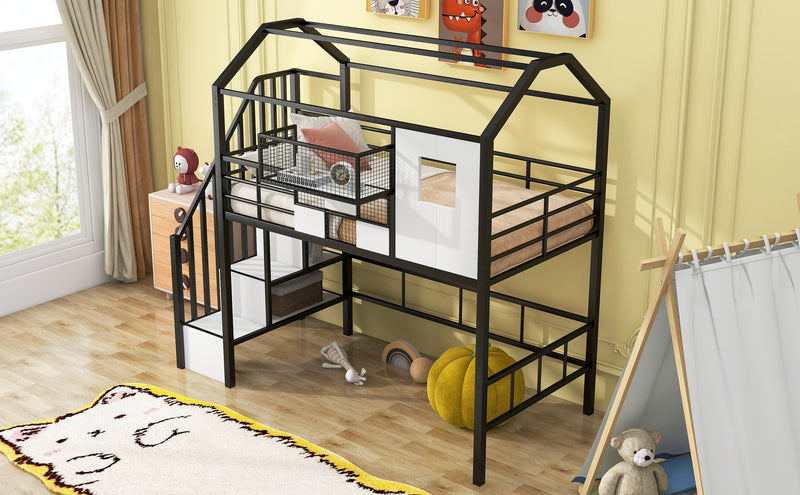 Metal Loft Bed with roof design and a storage box, Twin, Black