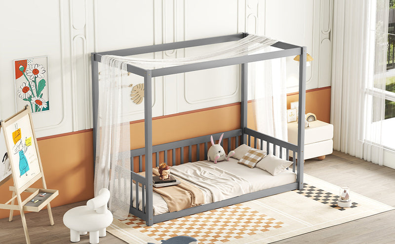 Twin Size Canopy Frame Floor Bed with Fence, Guardrails,Grey