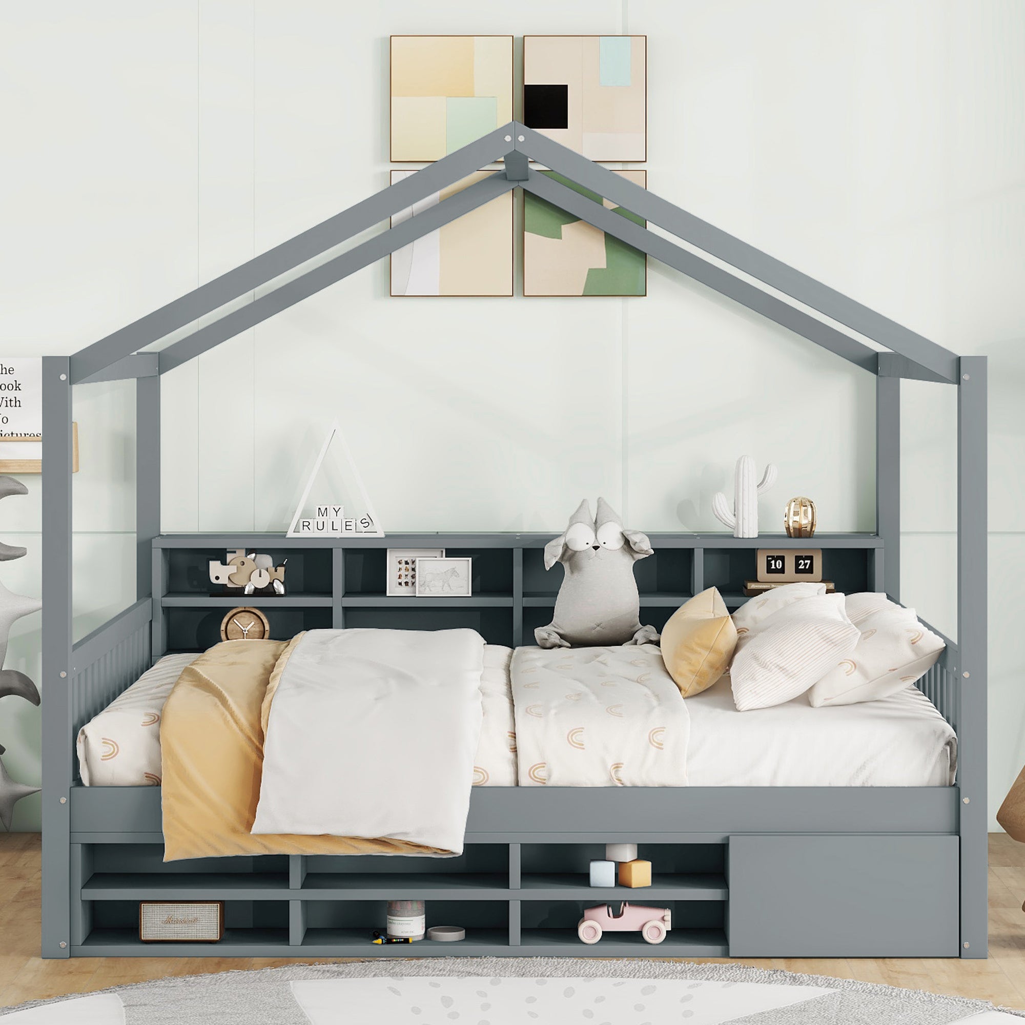 Full Size Wooden House Bed with Shelves and a Mini-cabinet, Gray - Atlantic Fine Furniture Melbourne FL