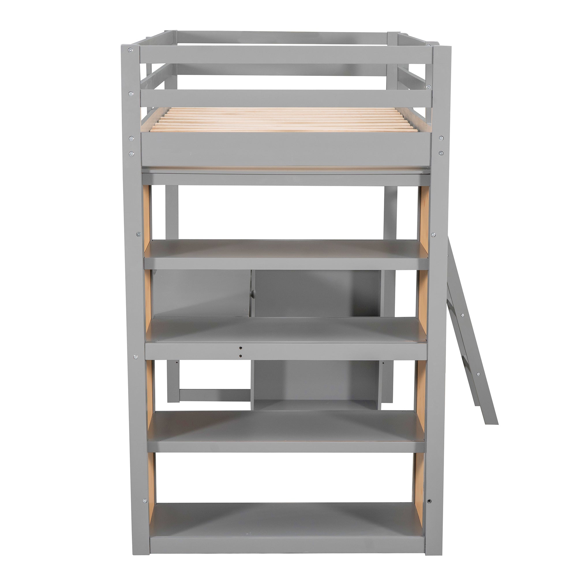 Twin Size Loft Bed with Ladder, Shelves, and Desk, Gray(LT000225AAE)