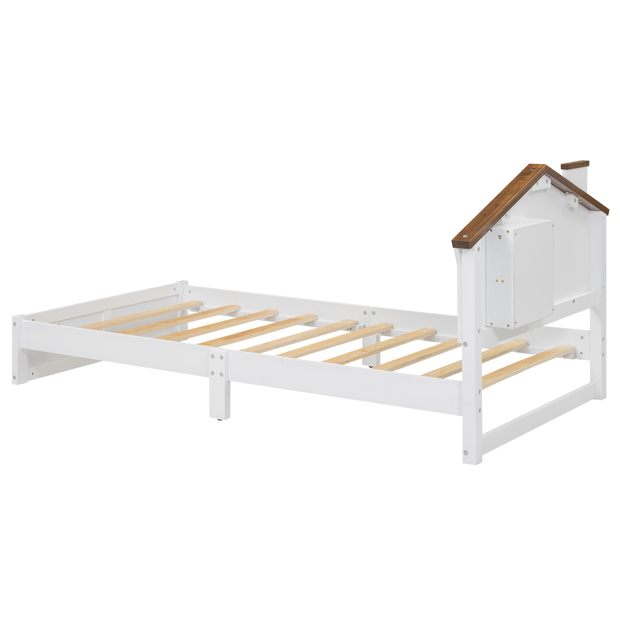 Twin Size Wood Platform Bed with House-shaped Headboard and Built-in LED, Walnut+White - Atlantic Fine Furniture Melbourne FL