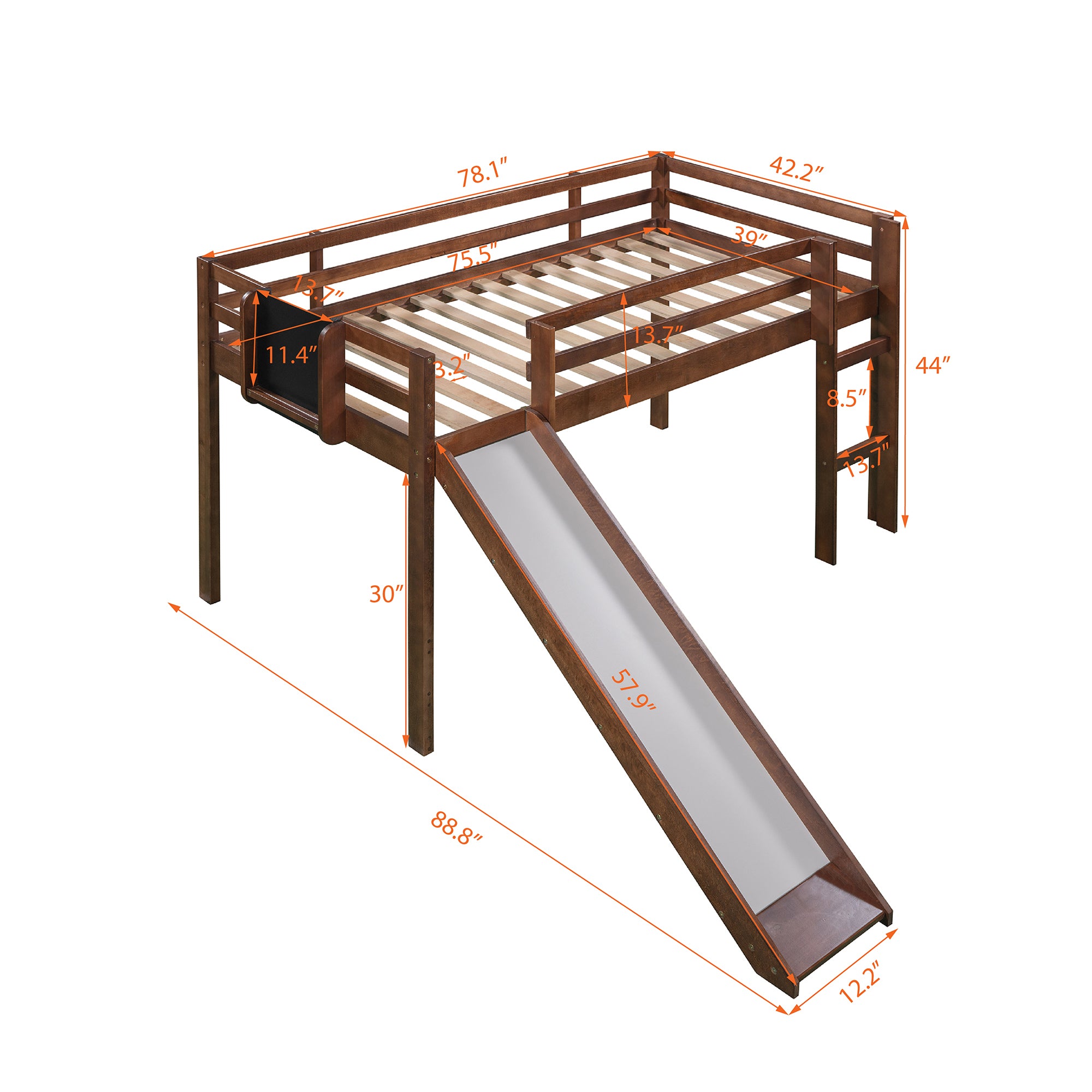 Twin size Loft Bed Wood Bed with Slide, Stair and Chalkboard,Walnut(OLD SKU :WF282115AAL) - Atlantic Fine Furniture Melbourne FL