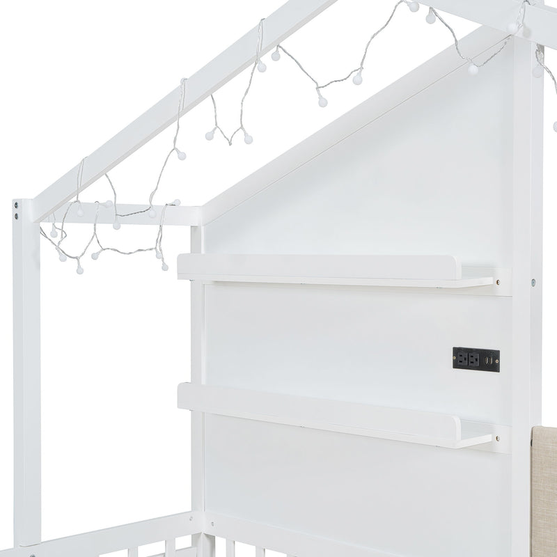 House Bed With Upholstered Sofa, Wireless Charging Station, Shelves And 2 Drawers