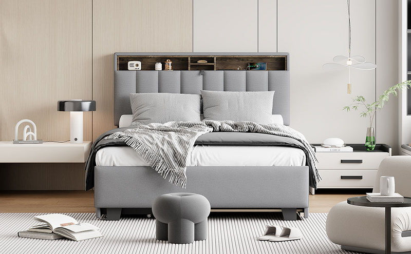 Upholstered Platform Bed With Storage Headboard, Trundle & 2 Drawers And A Set Of Sockets & USB Ports