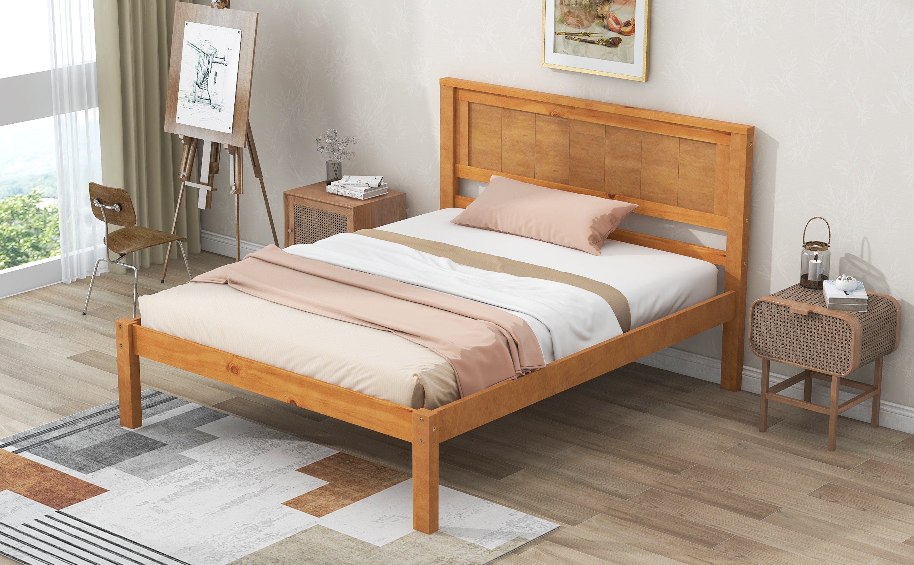 Platform Bed Frame with Headboard , Wood Slat Support , No Box Spring Needed ,Twin,Oak - Atlantic Fine Furniture Melbourne FL