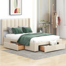 Full Size Upholstered Platform Bed with One Large Drawer in the Footboard and Drawer on Each Side,Beige