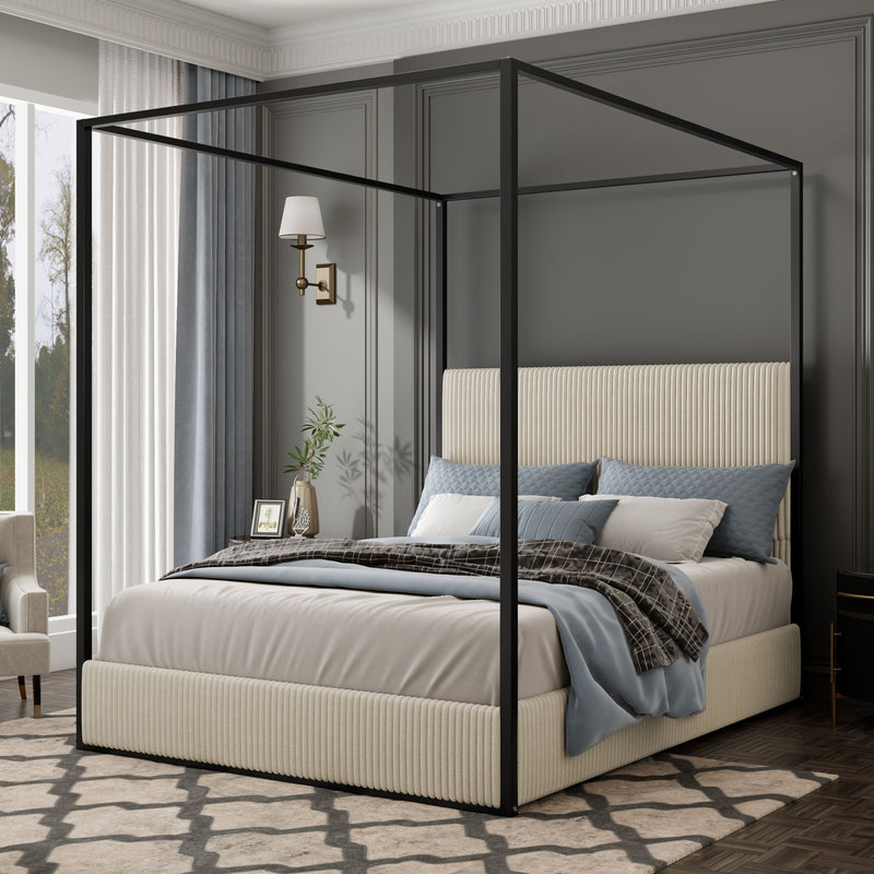 Luxury Canopy Bed With Plush Corduroy Upholstered Headboard