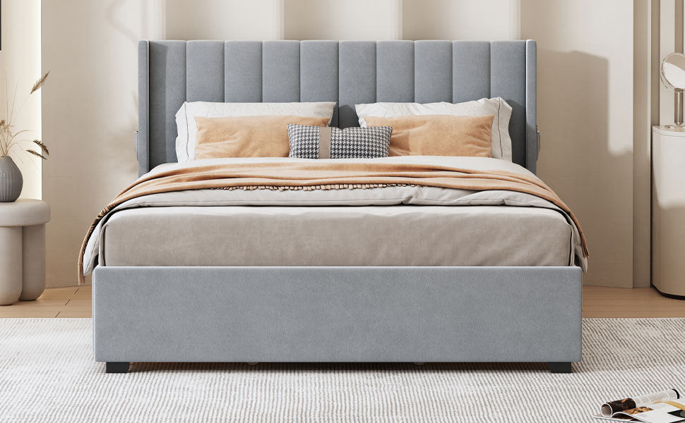 Queen Size Upholstered Bed with 4 Drawers, Gray - Atlantic Fine Furniture Melbourne FL