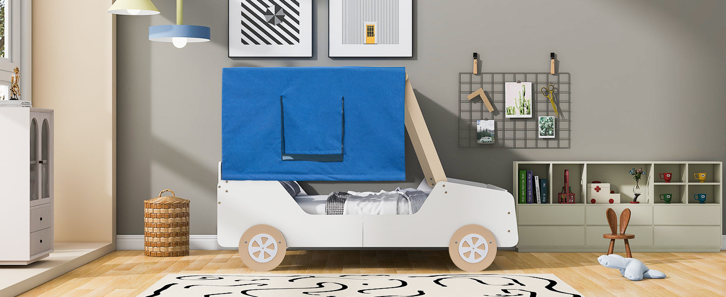 Full Size Car Shaped Bed with Tents,White+Natural - Atlantic Fine Furniture Melbourne FL