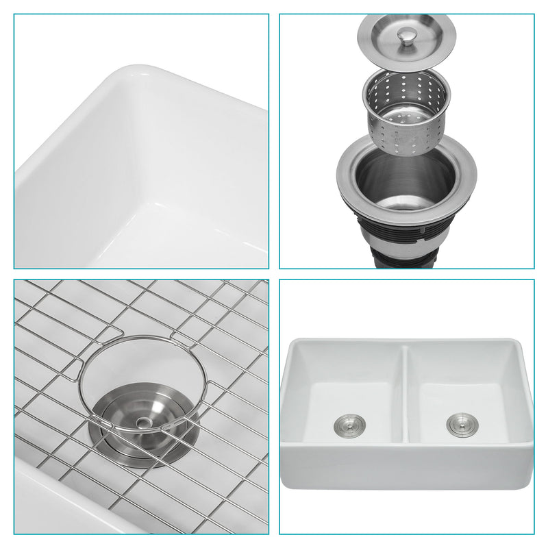 Double Bowl Apron Front Kitchen Sink 32", Sturdy And With Scratch Resistant - White