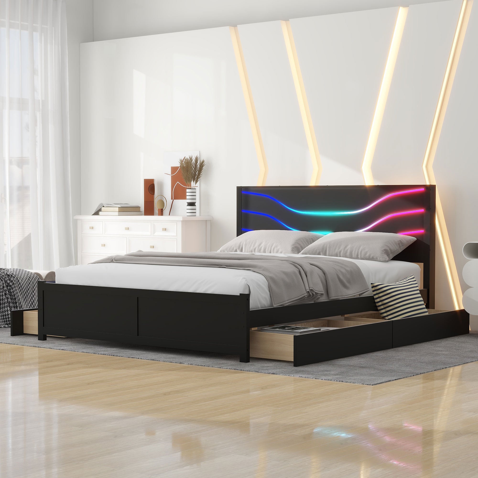 Queen Size Wood Storage Platform Bed with LED and 4 Drawers, Black - Atlantic Fine Furniture Melbourne FL