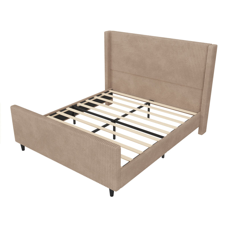 Corduroy Upholstered Bed Frame With Vertical Stripe Wingback And High Footboard