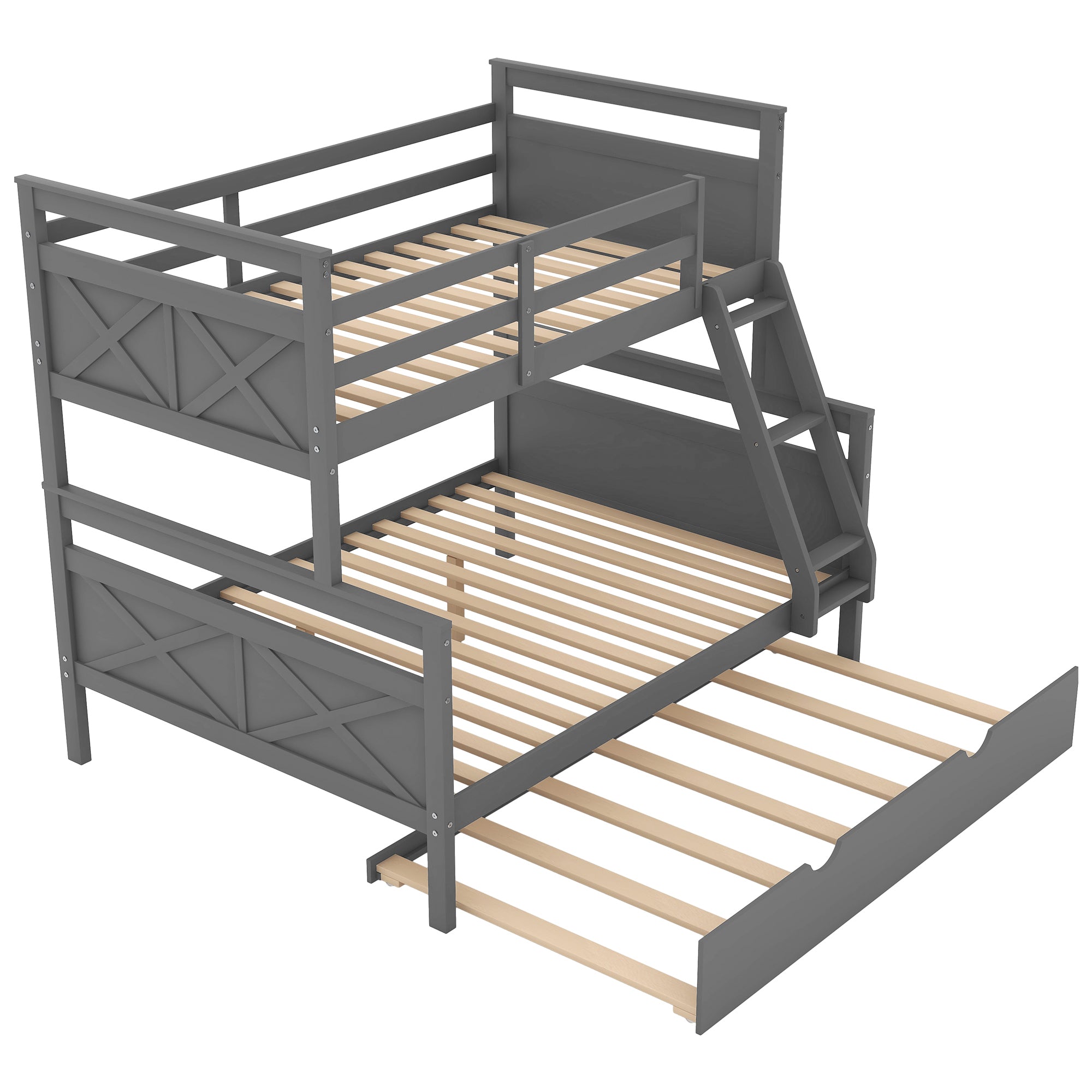 Twin over Full Bunk Bed with Ladder, Twin Size Trundle, Safety Guardrail, Gray - Atlantic Fine Furniture Melbourne FL