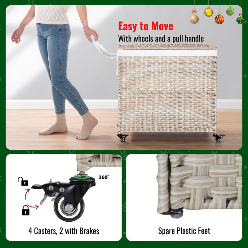 Laundry Hamper With Lid PE Rattan Powder Coating Frame Clothes Hampers With 2 Removable Bags