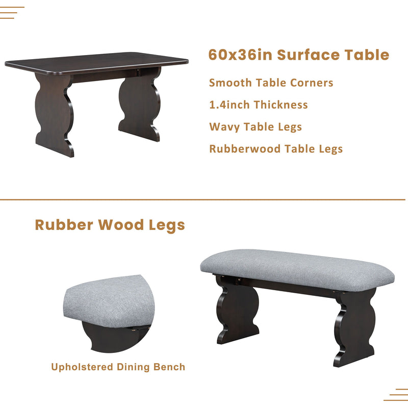 Mid-Century Modern Table Set For 6 Persons With 4 Chairs And Bench, Padded Seats And Backrest