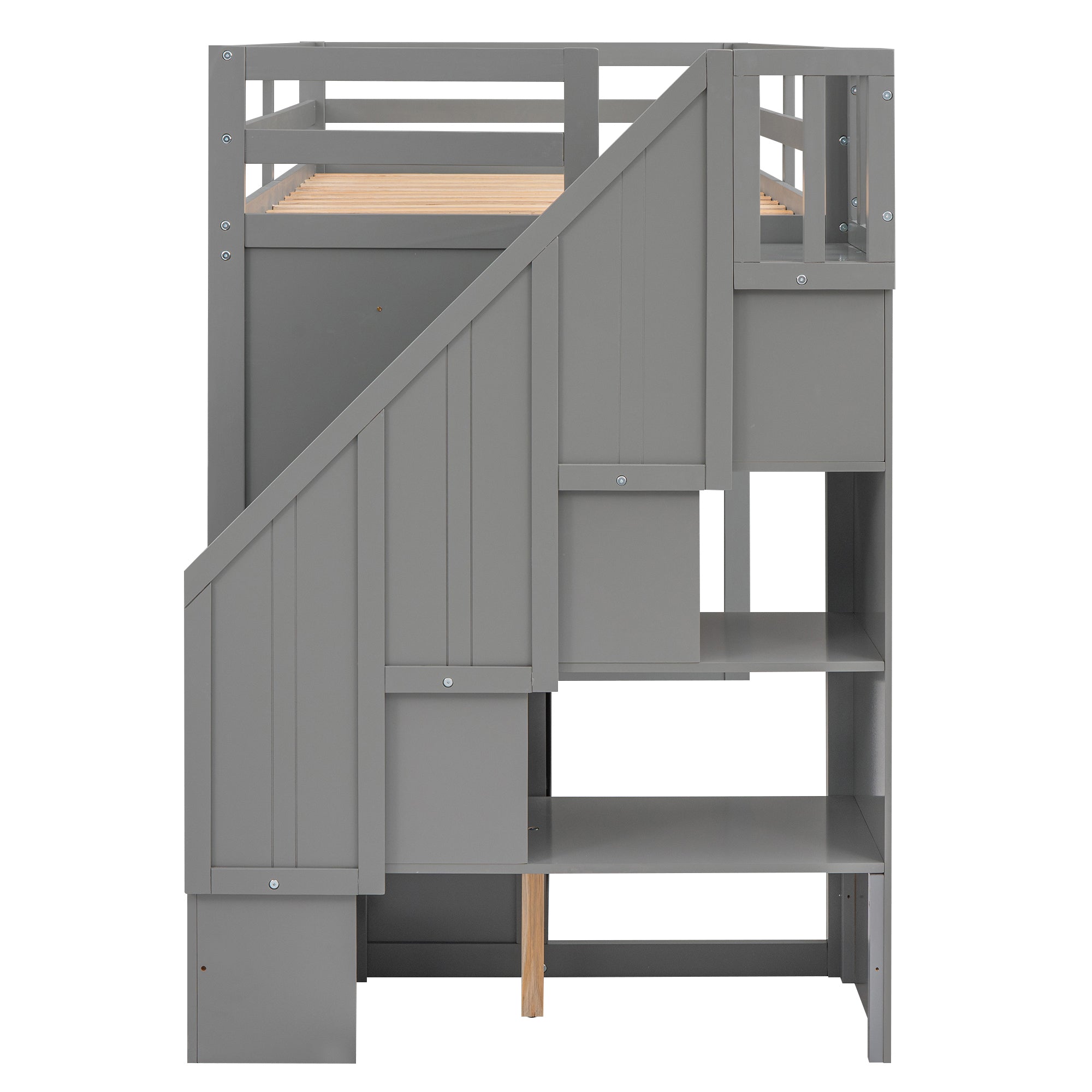 Functional Loft Bed with 3 Shelves, 2 Wardrobes and 2 Drawers,  Ladder with Storage, No Box Spring Needed, Gray - Atlantic Fine Furniture Melbourne FL
