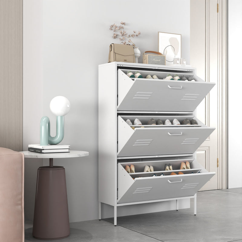 Modern Shoe Storage Cabinet With 3 Flip Drawers And Metal Frame For Entryway - Brushed Nickel