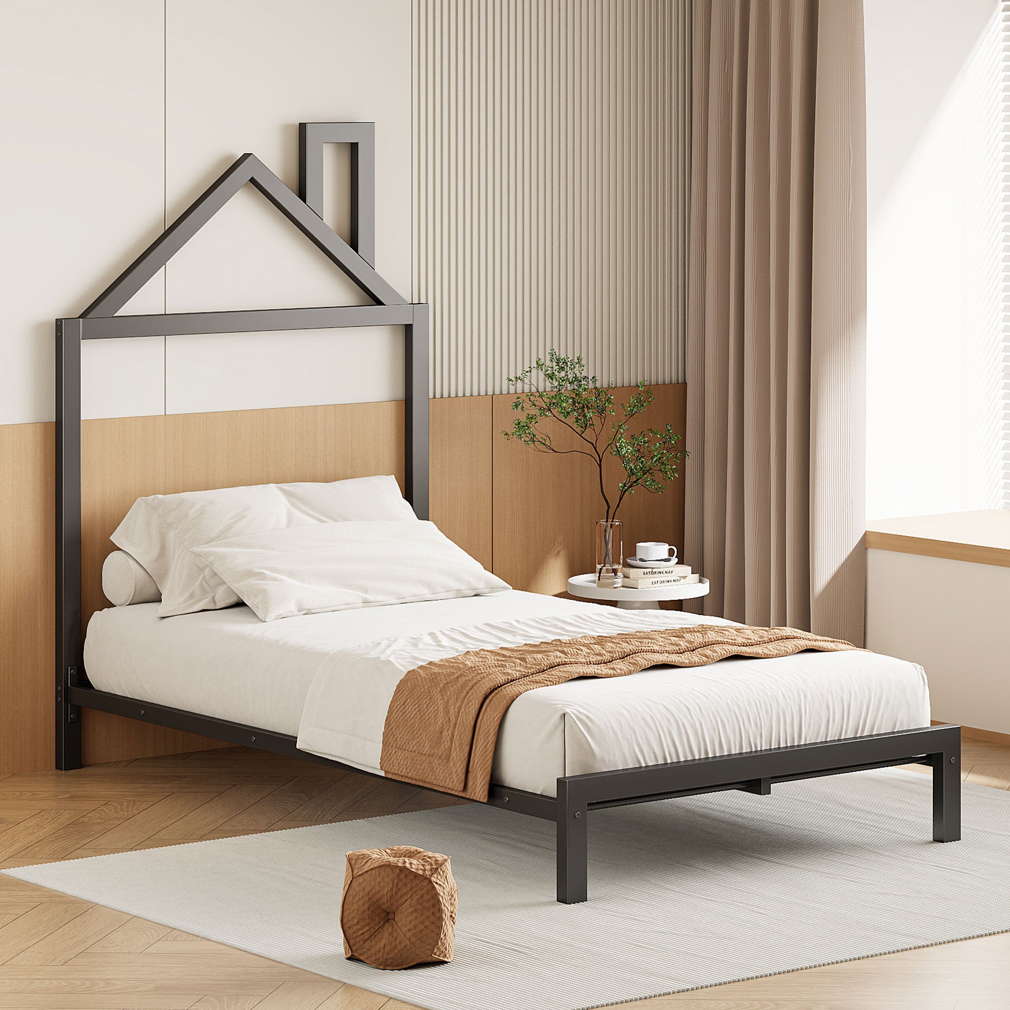 Twin Size Metal Platform Bed with House-Shaped Headboard Design, Black - Atlantic Fine Furniture Melbourne FL