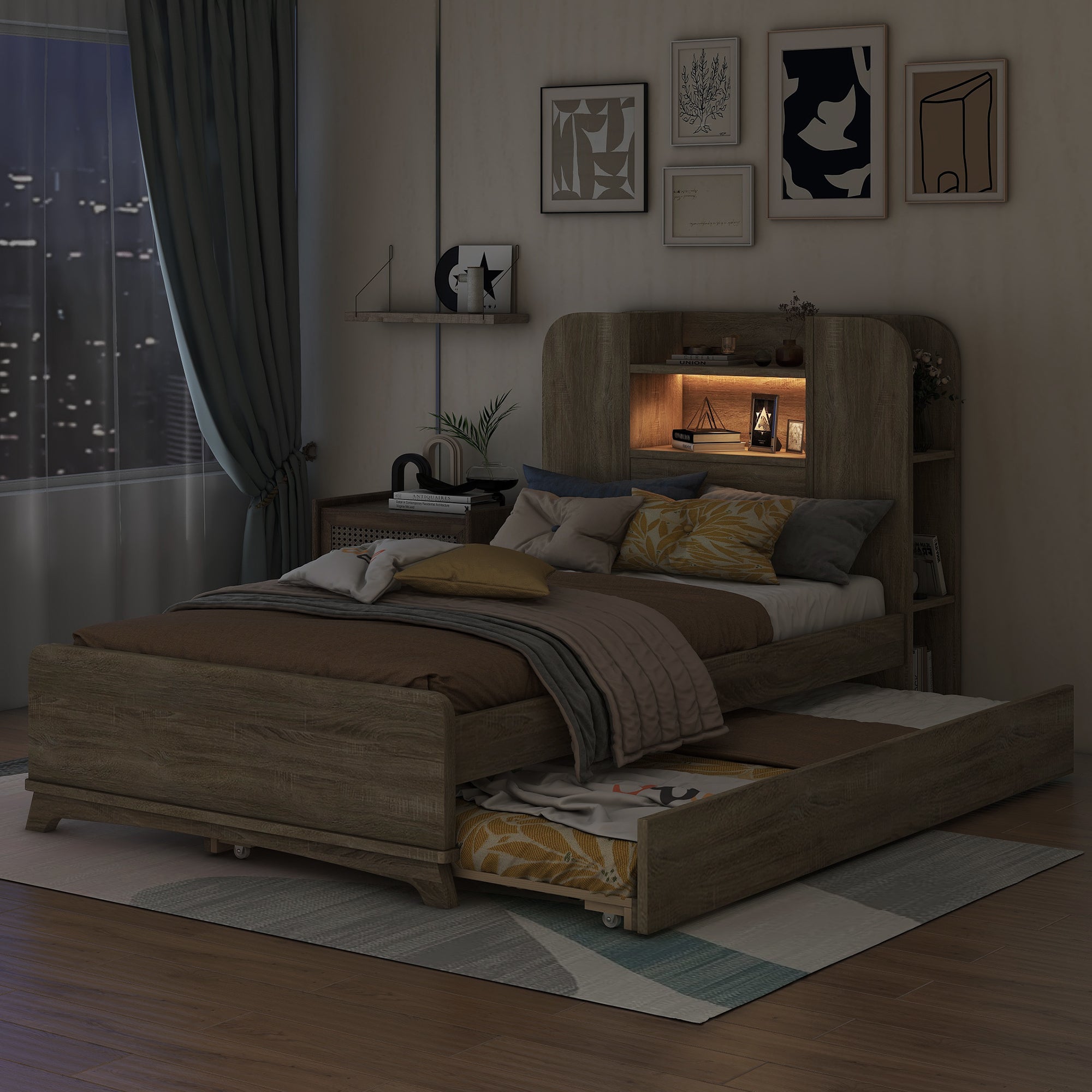 Twin Size Storage Platform Bed Frame with with Trundle and Light Strip Design in Headboard,Natural - Atlantic Fine Furniture Melbourne FL
