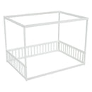 Full Size Canopy Frame Floor Bed with Fence, Guardrails,White
