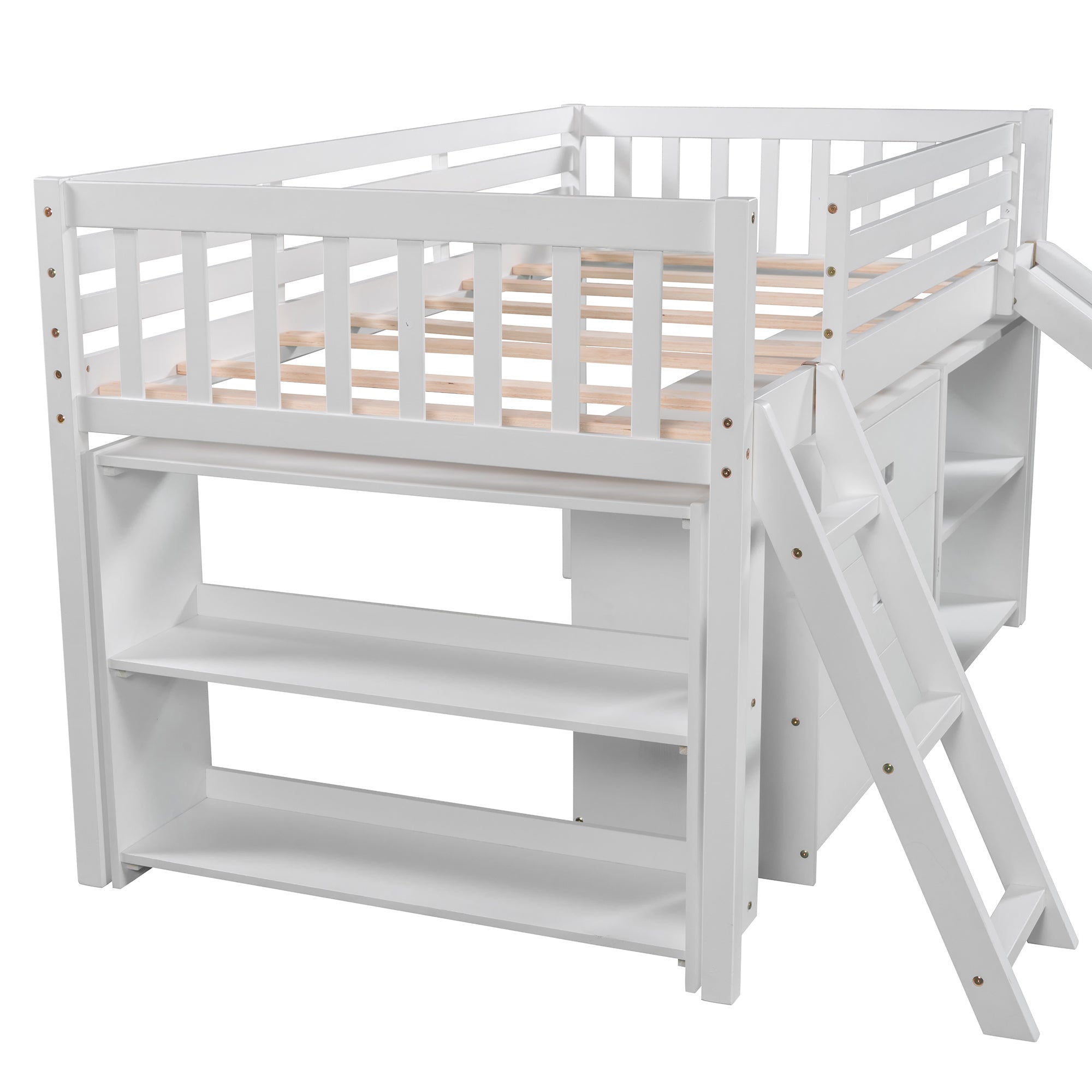Low Loft Bed with Attached Bookcases and Separate 3-tier Drawers,Convertible Ladder and Slide,Twin,White - Atlantic Fine Furniture Melbourne FL