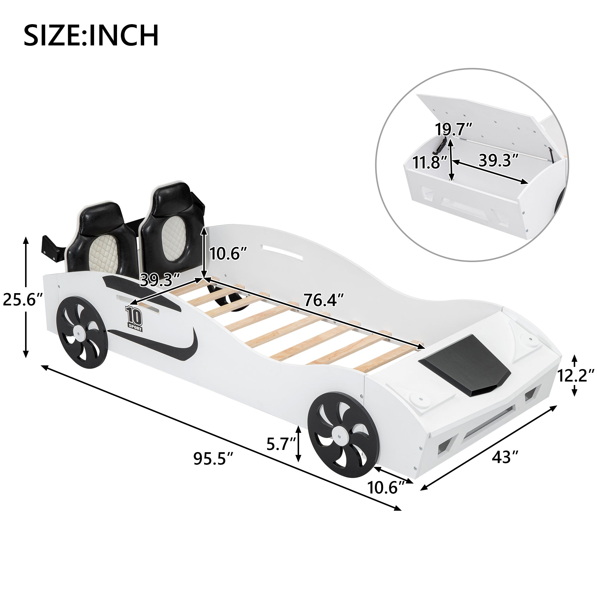 Twin Size Race Car-Shaped Platform Bed with Upholstered Backrest and Storage, White - Atlantic Fine Furniture Melbourne FL