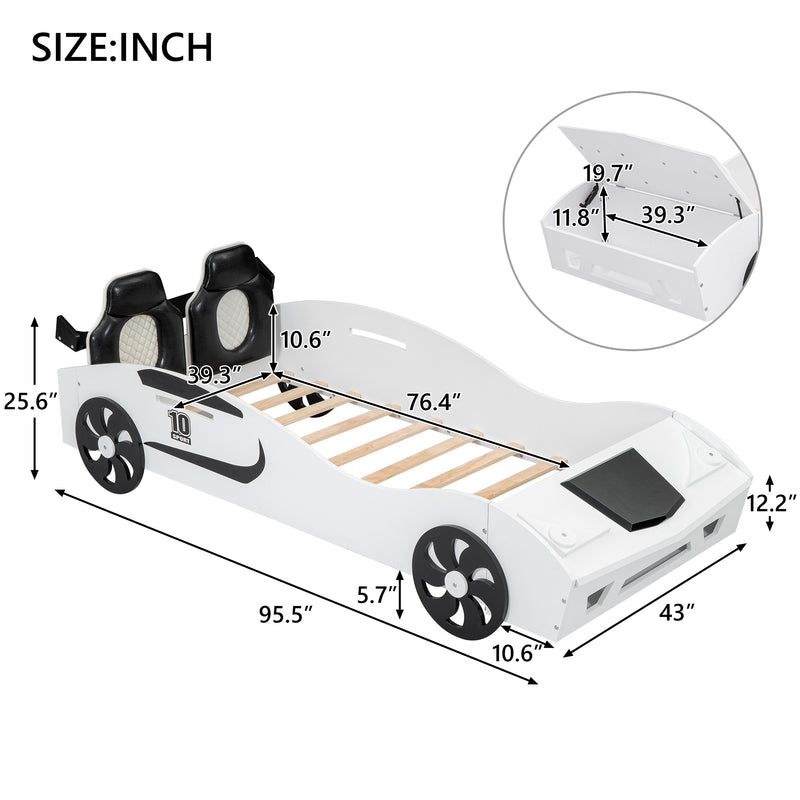 Twin Size Race Car-Shaped Platform Bed with Upholstered Backrest and Storage, White