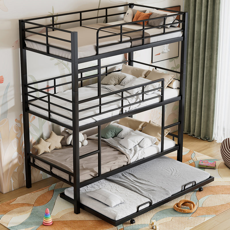 Metal Twin Size Triple Bunk Bed With Trundle, Black