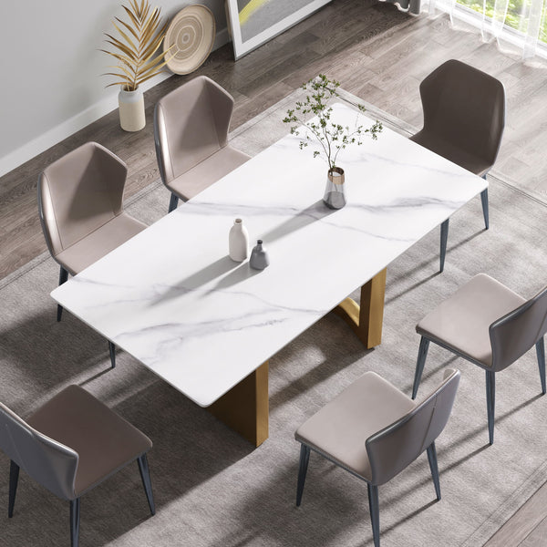 70.87" Modern Artificial Stone Straight Edge Golden Metal Leg Dining Table, Can Accommodate 6-8 People - White / Gold