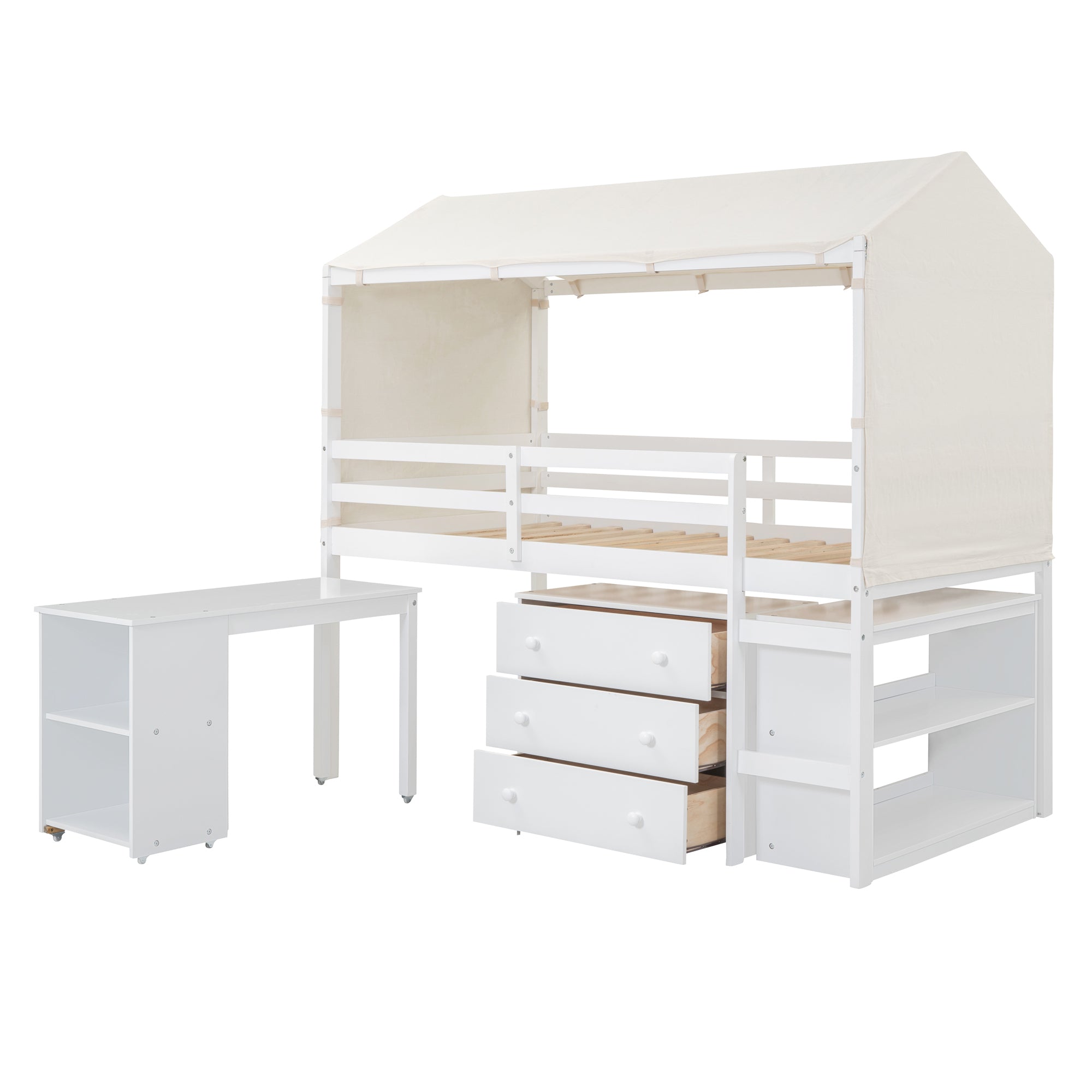 Twin Size Loft Bed with Rolling Cabinet, Shelf and Tent - White - Atlantic Fine Furniture Melbourne FL