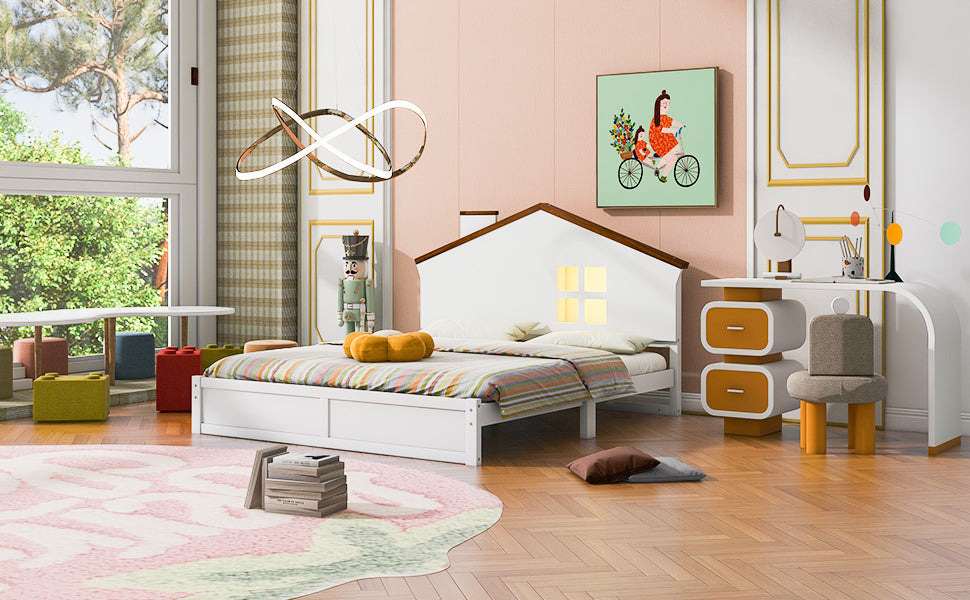 Full Size Wood Platform Bed with House-shaped Headboard and Built-in LED, Walnut+White - Atlantic Fine Furniture Melbourne FL