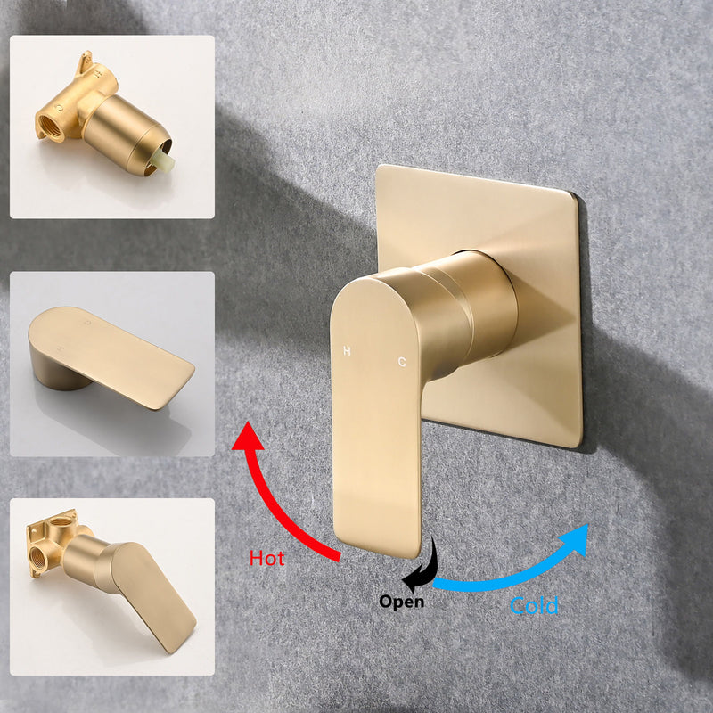Modern Wall Mount Bathtub Faucet With Waterfall Spout And Single Handle Control - Brushed Gold