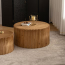 Vintage Fashion Style Cylindrical Nesting Coffee Table Set With Vertical Textured Embossed Design - Natural