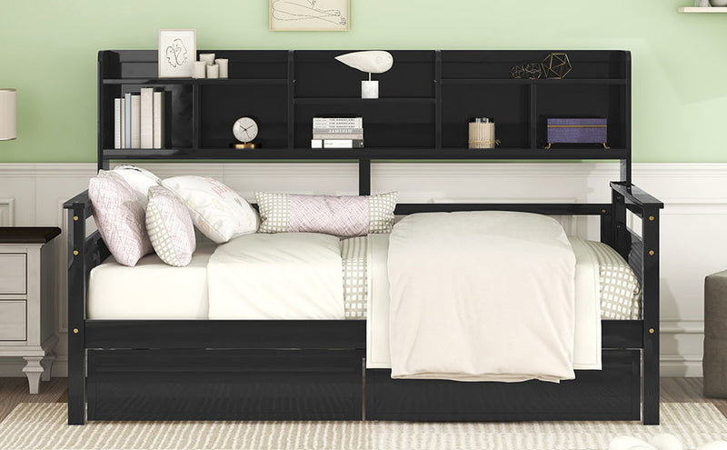 Daybed, Wood Slat Support, With Bedside Shelves And Two Drawers