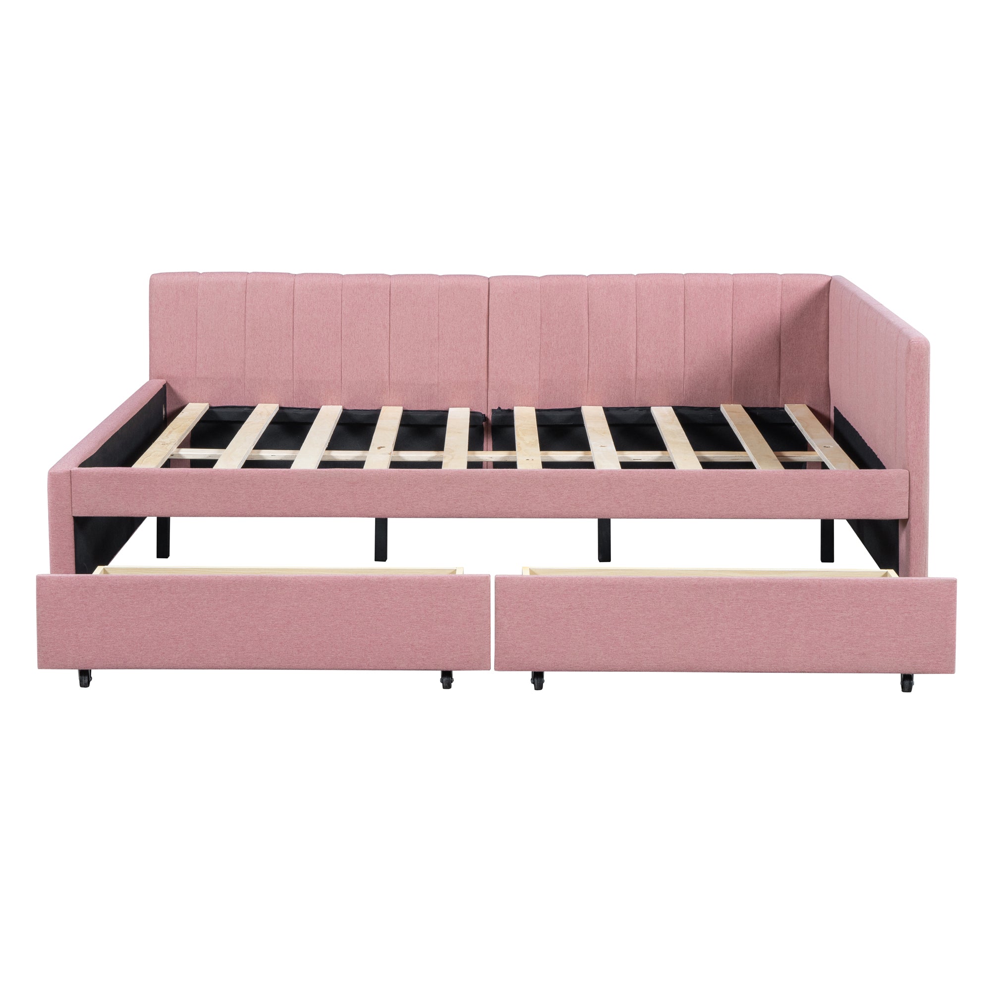 Full Size Upholstered Daybed with 2 Storage Drawers Sofa Bed Frame No Box Spring Needed, Linen Fabric (Pink) - Atlantic Fine Furniture Melbourne FL