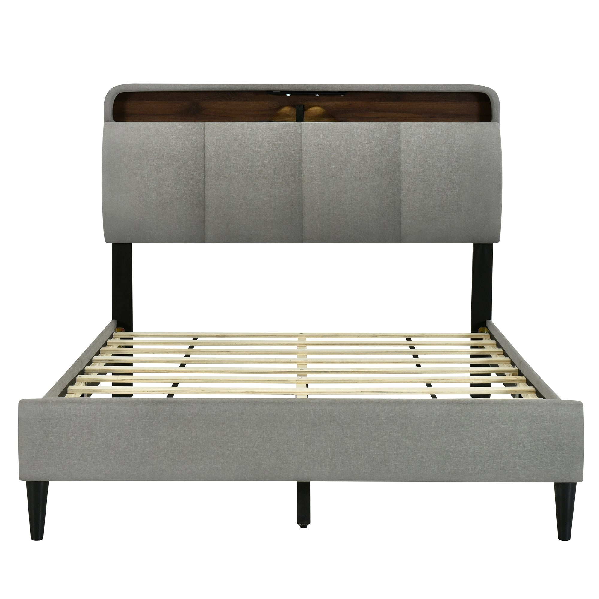 Full size Upholstered Platform Bed with Storage Headboard, Sensor Light and a set of Sockets and USB Ports, Linen Fabric, Gray - Atlantic Fine Furniture Melbourne FL