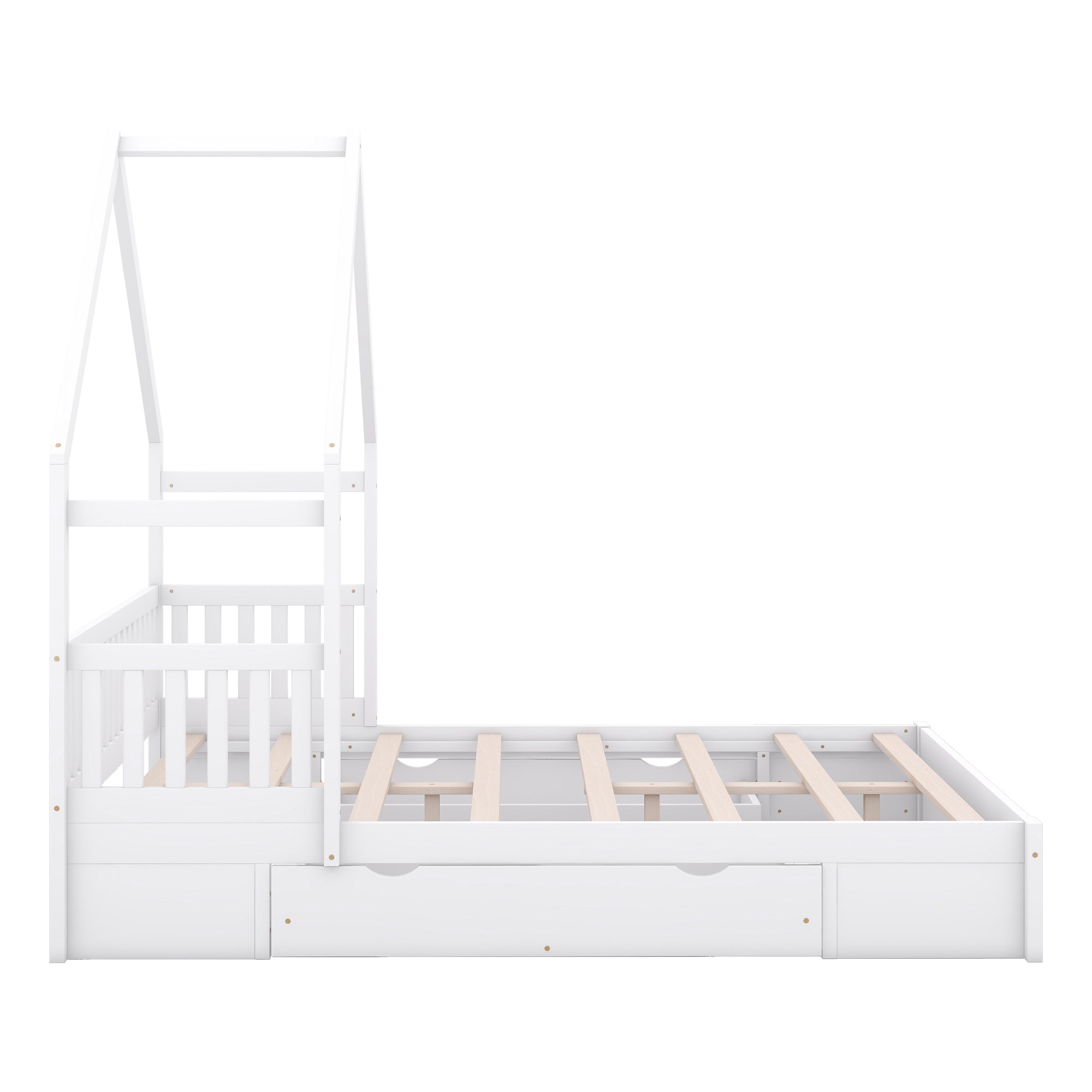Wood Queen Size House Platform Bed with Guardrail and 2 Drawers, White (Expected Arrival Time:4.26) - Atlantic Fine Furniture Melbourne FL
